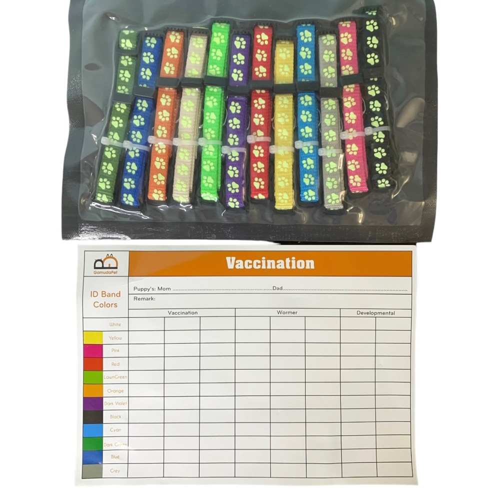12 Newborn Puppy ID Collars With Weight Tracking Sheet